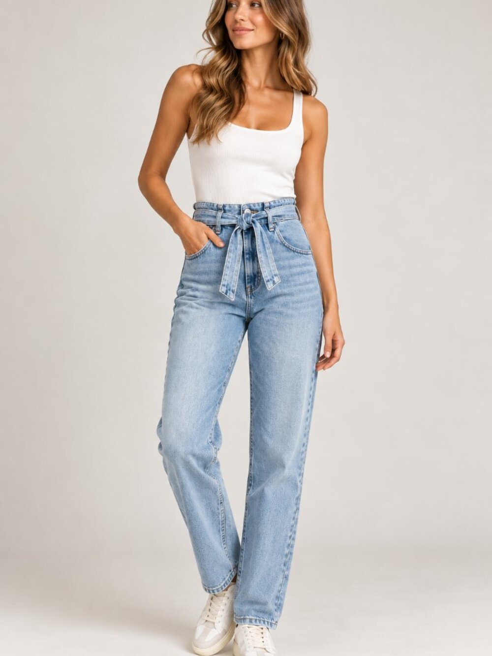 Dynamite High Waisted Straight Leg Jeans with Tie Belt